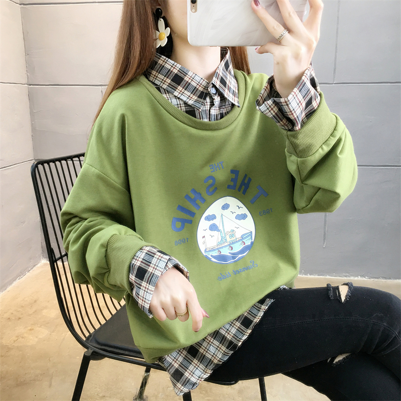首發實拍6535魚鱗 春季新款衛衣女薄款長袖假兩件polo領大碼