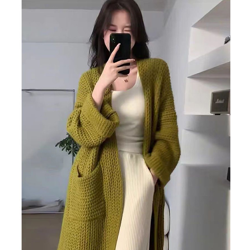 Mid-length solid color knitted cardigan, lazy style, soft and waxy sweater, women's coat, Korean style slimming women's thick spring and autumn new style