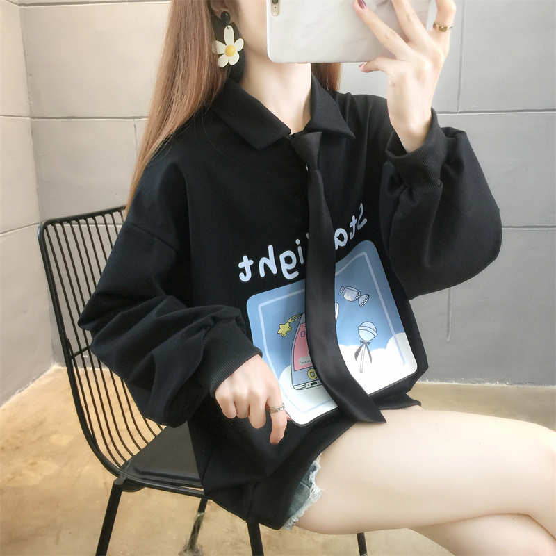 首發實拍6535魚鱗 送領帶春季新款POLO領衛衣女薄款長袖大碼