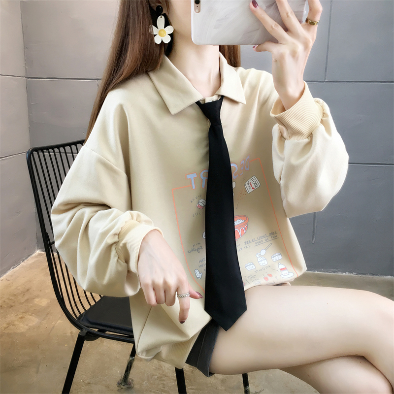首發實拍6535魚鱗 送領帶春季POLO領衛衣女學生薄款大碼女裝