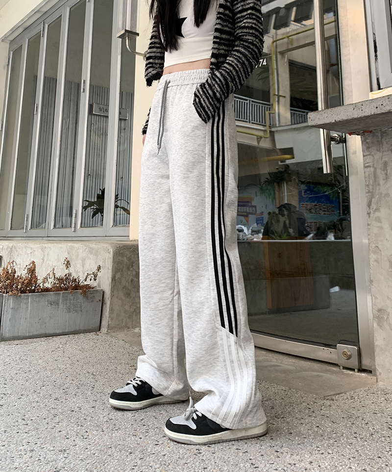 實拍 2024韓系新款華棉複合美式條紋寬鬆直筒運動褲子休閒長褲