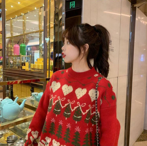 New autumn and winter red Christmas snowflake warm sweater for women Korean style loose outer wear pullover sweater thick women's trendy