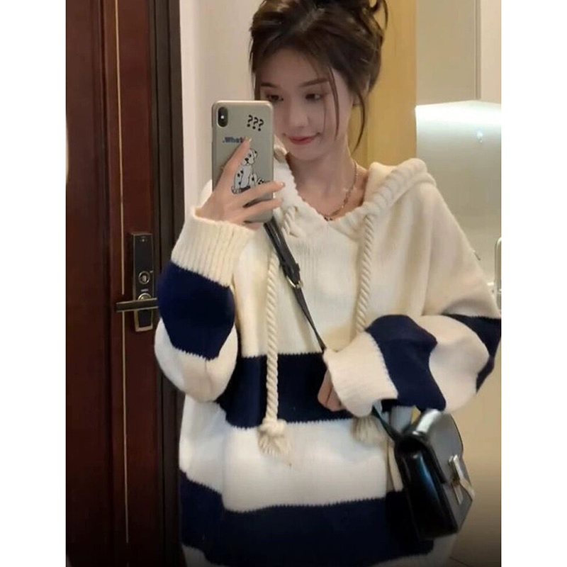 Striped drawstring hooded sweater for women, autumn and winter pullover, versatile sweatshirt, loose soft waxy top, knitted bottoming shirt