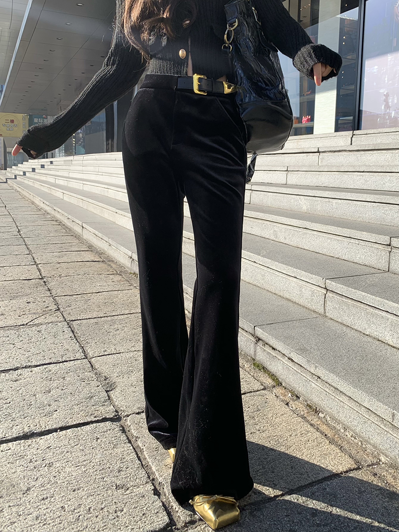 Real shot of black gold JI chic and elegant gold leather buckle buckle decoration slimming velvet flared pants versatile trousers