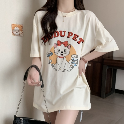 Real shot 2024 spring and summer new style 100% cotton combed cotton printed summer short-sleeved T-shirt women's loose Korean version