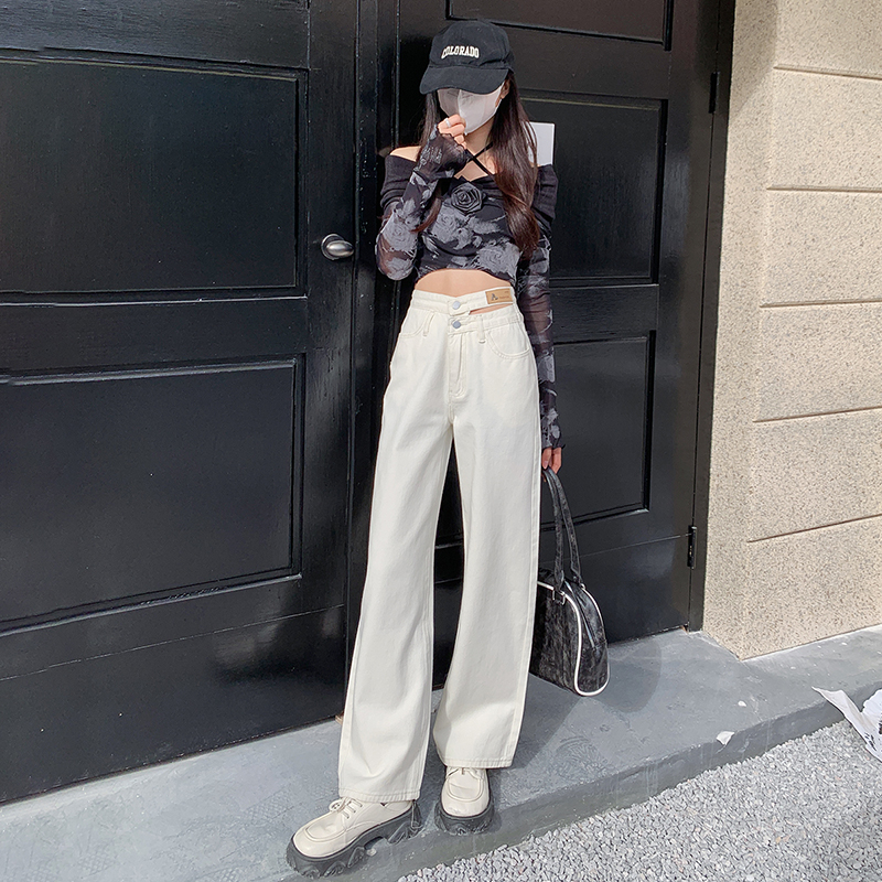 Real shot of spring double button hollow waist and scalp brand floor mop pants, beige apricot denim straight leg loose pants