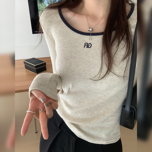 Actual pictures basic thread U-neck right shoulder long-sleeved T-shirt women's autumn and winter new slim slimming bottoming top