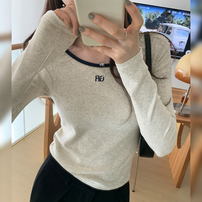 Actual pictures basic thread U-neck right shoulder long-sleeved T-shirt women's autumn and winter new slim slimming bottoming top