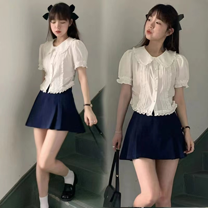 2024 new summer style college style fungus short-sleeved tops gentle and sweet white shirt women's short skirt suit