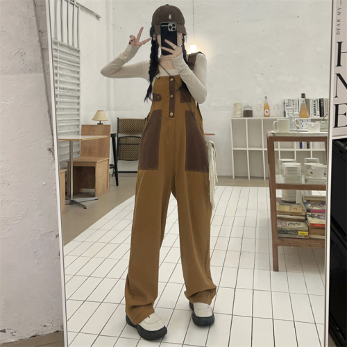 2024 spring new style real shot brown overalls large size American high waist jumpsuit reversible S-5XL 200 pounds