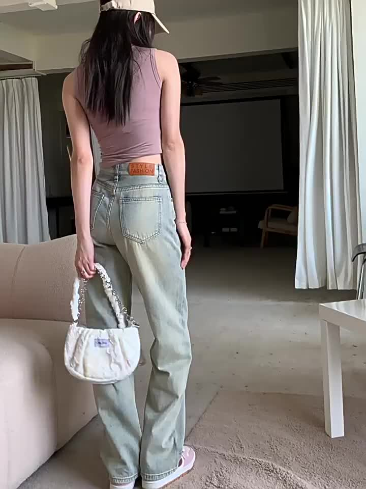 美式復古牛仔褲子女2024春秋新款寬鬆拖地高腰闊腿直筒褲
