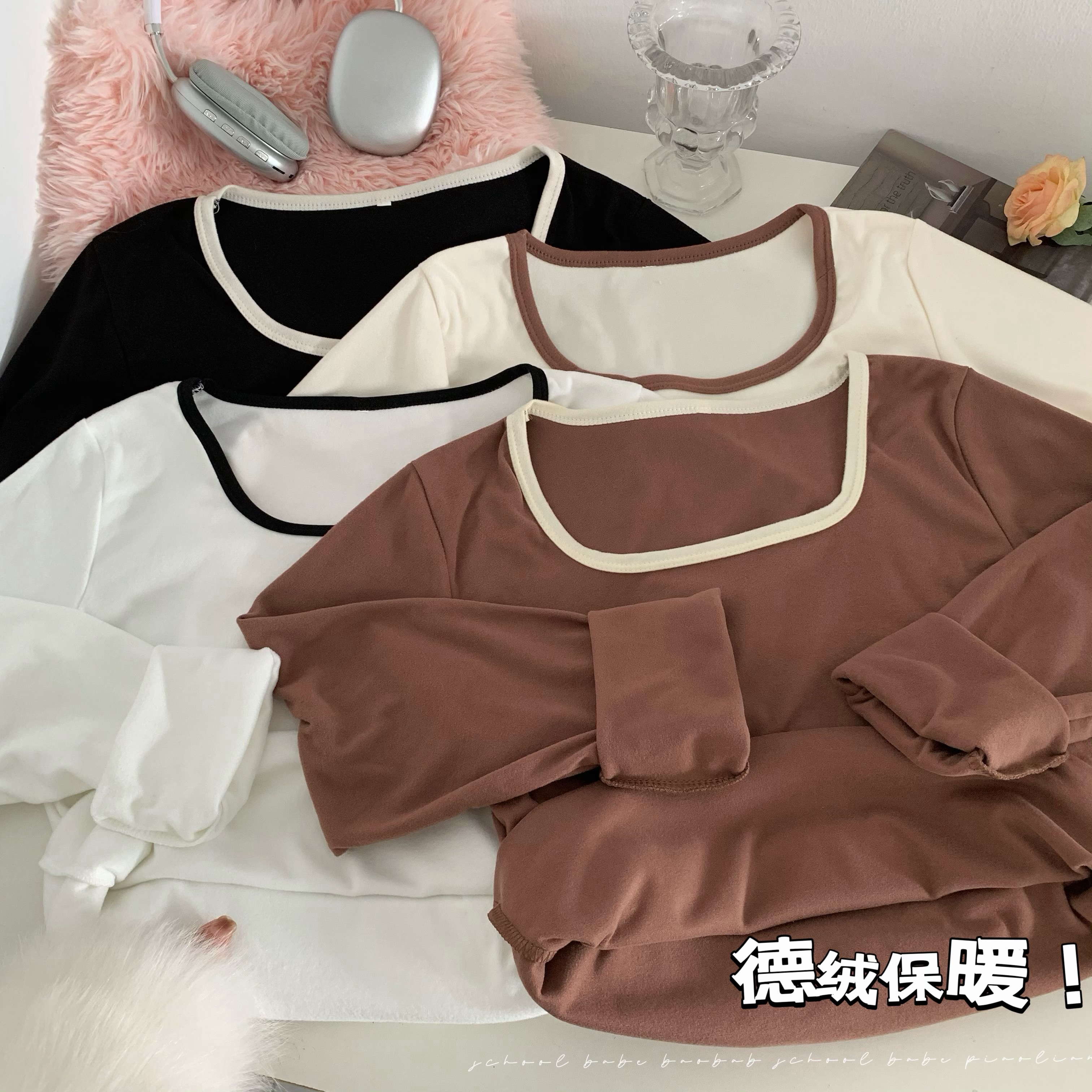 Actual shot of double-sided German velvet warm bottoming shirt for autumn and winter slimming inner wear with temperament square collar versatile long-sleeved top