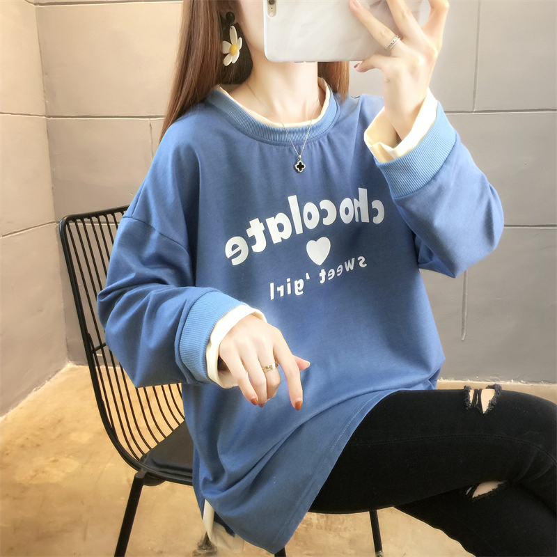 首發實拍6535魚鱗 2024新款春季圓領衛衣女薄款假兩件大碼女裝