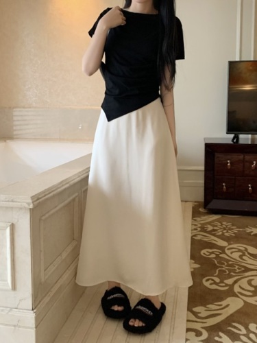 Actual shot of the new Korean style high-waist slim casual acetate satin super drape A-line long skirt
