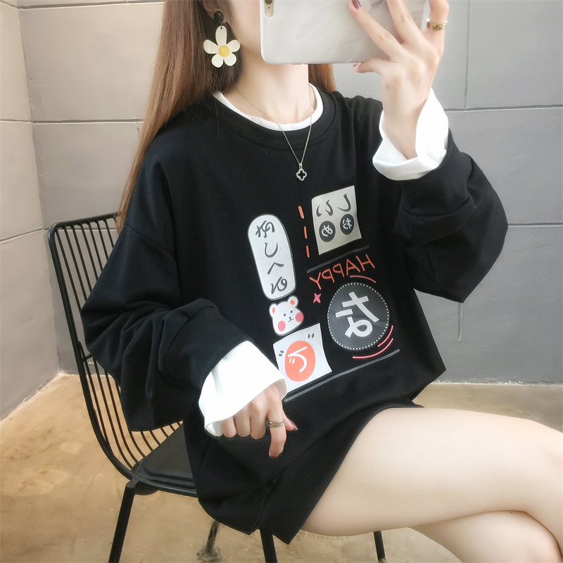 首發實拍6535魚鱗 新款春季衛衣女薄款長袖假兩件圓領學院風