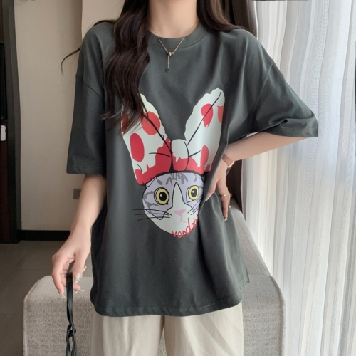 Real shot 100% cotton combed cotton summer short-sleeved T-shirt women's loose Korean style