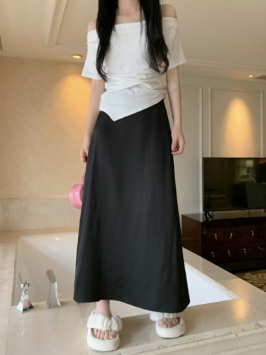 Actual shot of the new Korean style high-waist slim casual acetate satin super drape A-line long skirt