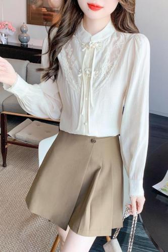 2024 Early Spring New Chinese Style National Style Embroidered Disc Button Exquisite Shirt Gentle, Sweet and Versatile High Collar Top New Style