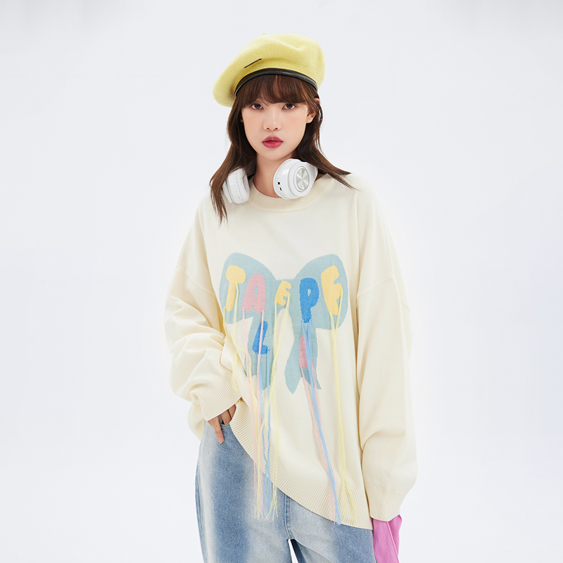 National fashion brand bow tassel sweater sweater with colorful letters for men and women cute couple loose and versatile clothes