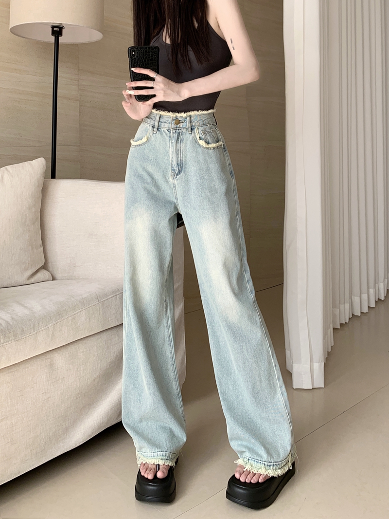 Actual shot #New high-waisted wide-leg denim trousers for women, loose straight design, raw edge floor-length mopping trousers