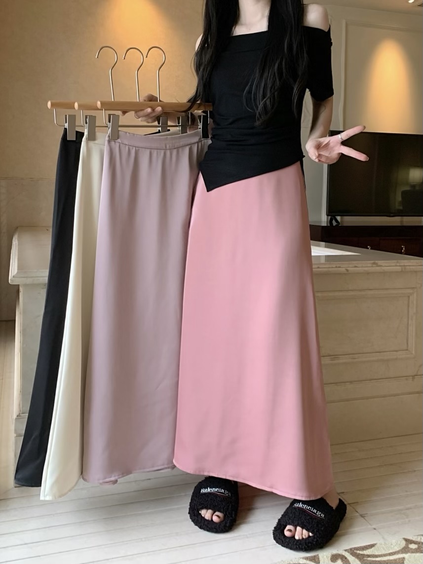 Actual shot of the new Korean style high-waist slim casual acetate satin super drape A-line long skirt
