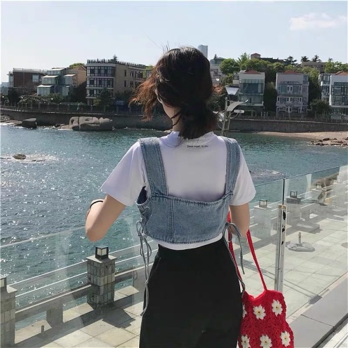 2024 spring and summer denim small suspender women's strap design niche outer vest chic sweet and spicy stacking top