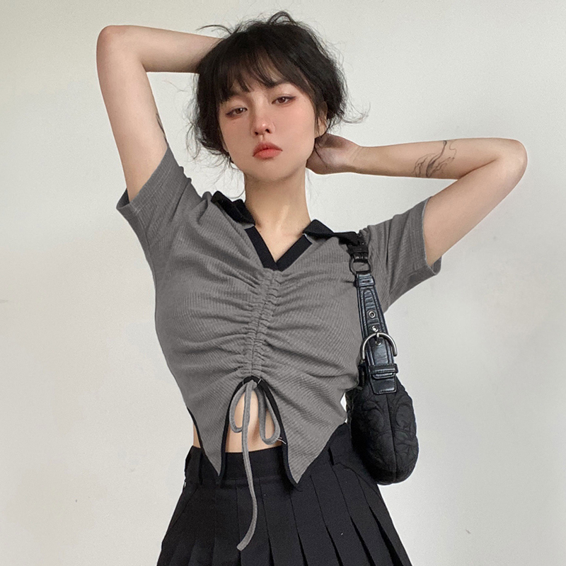 不規則撞色翻v領抽繩褶皺短袖T恤女夏季新款顯瘦辣妹上衣
