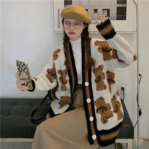 Actual shot of bear sweater jacket for women in autumn Korean style loose lazy style knitted cardigan