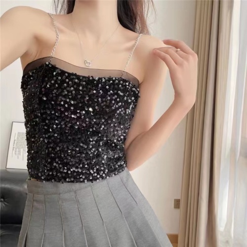 Pure lust sexy sparkling sequined small camisole with 2024 spring new French sweet and spicy short slimming top