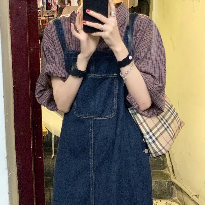 2024春夏韓版牛仔背帶裙女寬鬆復古港風休閒減齡吊帶裙子大碼女裝