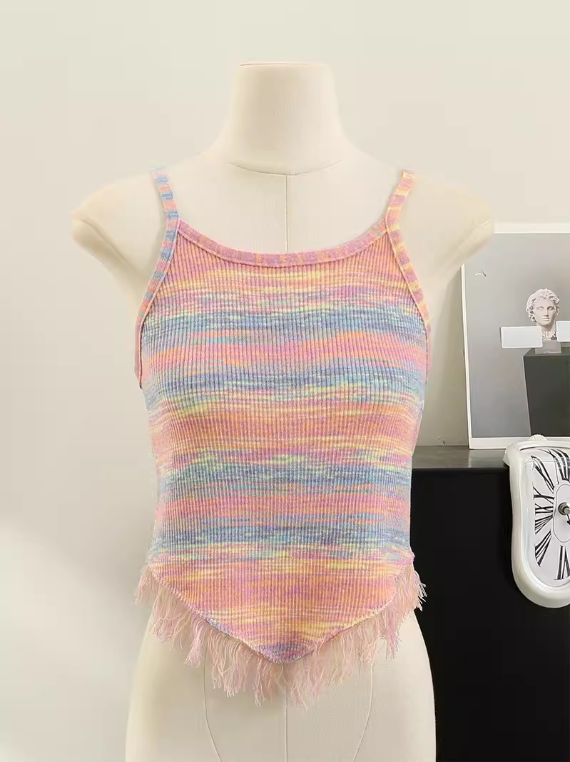 Rainbow striped knitted vest for women in summer dopamine sweet style suspender irregular raw edge short top