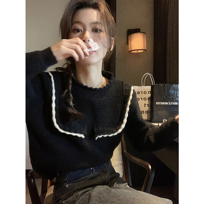 Lazy style sweater for women in autumn and winter contrasting colors Korean design niche loose retro small knitted sweater top trendy