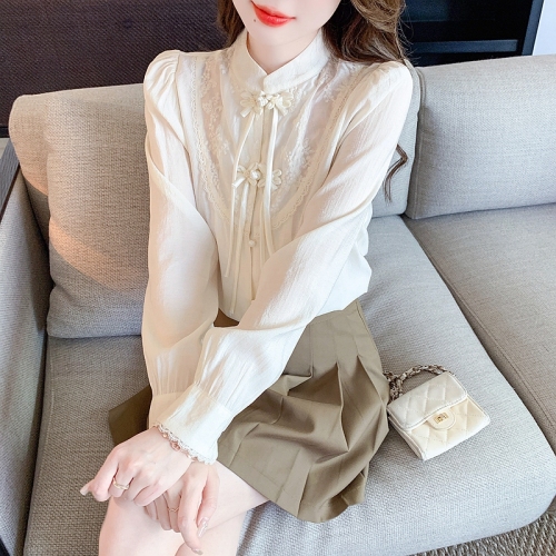 2024 Early Spring New Chinese Style National Style Embroidered Disc Button Exquisite Shirt Gentle, Sweet and Versatile High Collar Top New Style