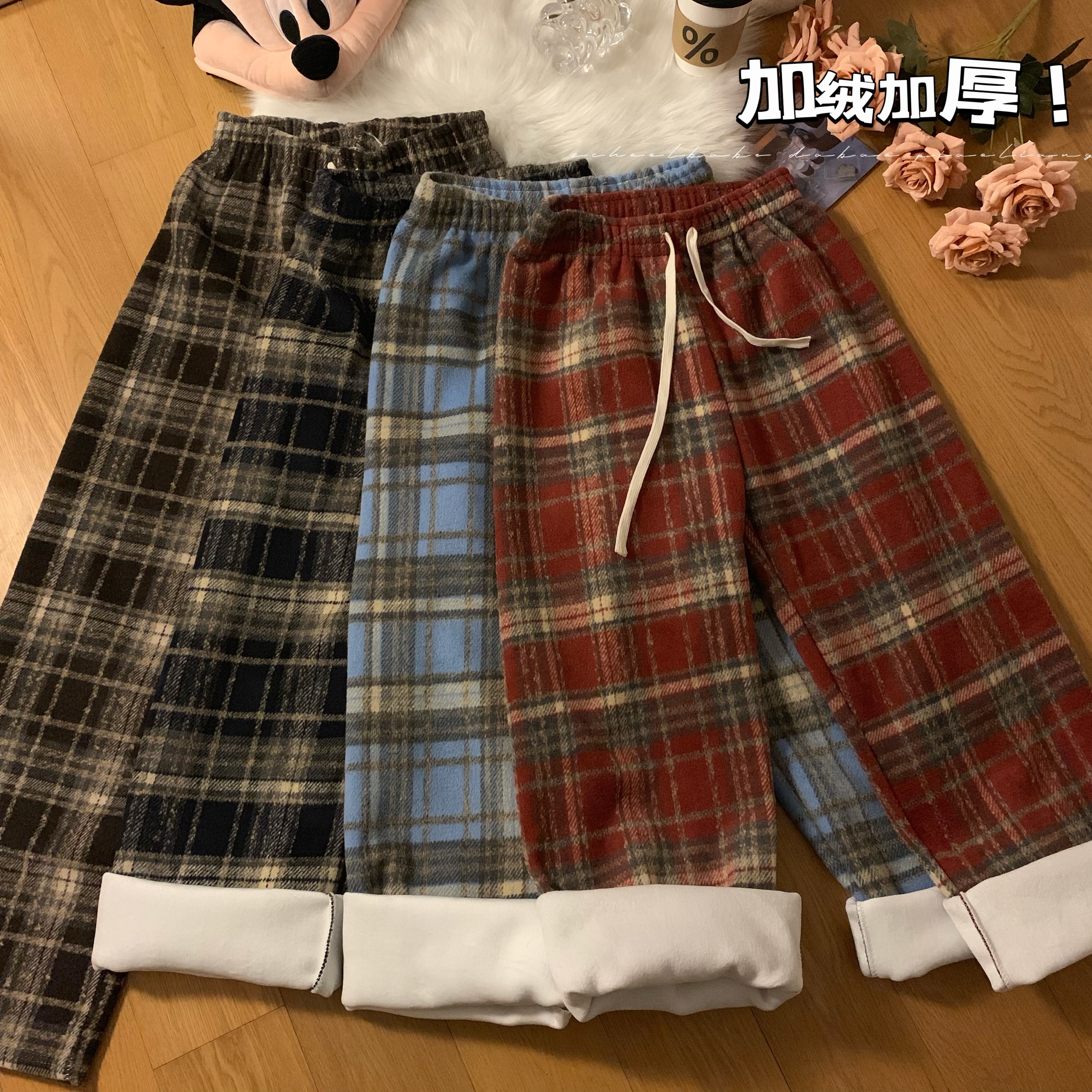 Real shot of autumn and winter velvet thickened red plaid pants high waist slim straight casual casual versatile wide leg pants