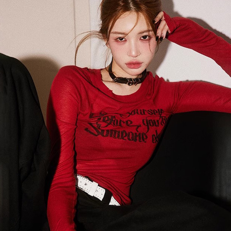 Official Picture Spring, Autumn and Summer Bottoming Shirt New Pure Desire Hot Girl Slim Long Sleeve T-Shirt Slightly Transparent Printed Sun Protection Top