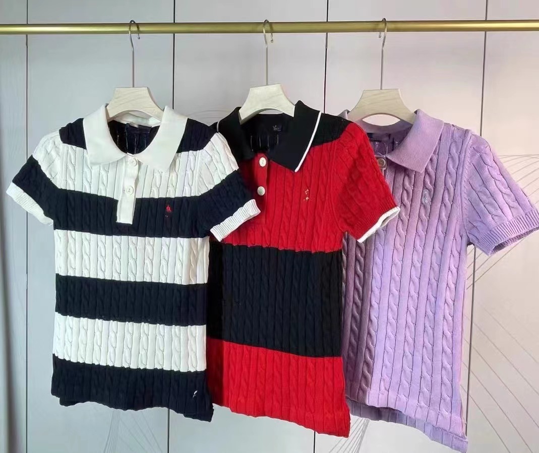2024夏裝撞色條紋小馬刺繡扭花口袋短袖針織衫T恤女冰絲罩衫上衣