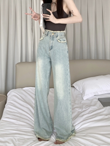 Actual shot #New high-waisted wide-leg denim trousers for women, loose straight design, raw edge floor-length mopping trousers