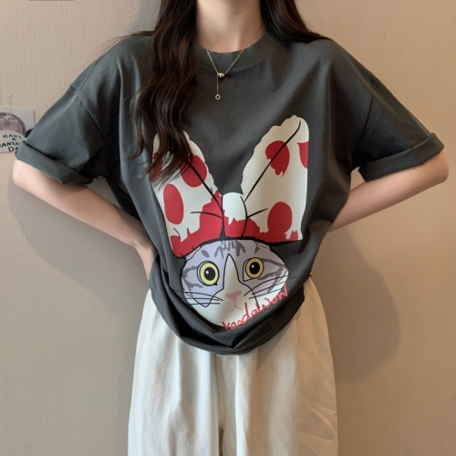 Real shot 100% cotton combed cotton summer short-sleeved T-shirt women's loose Korean style