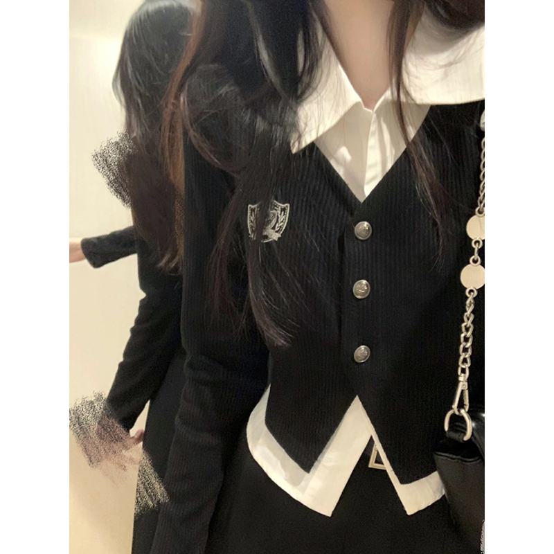 原版做法 原版胸標突出 polo領女設計感春秋長袖假兩件學院風上衣