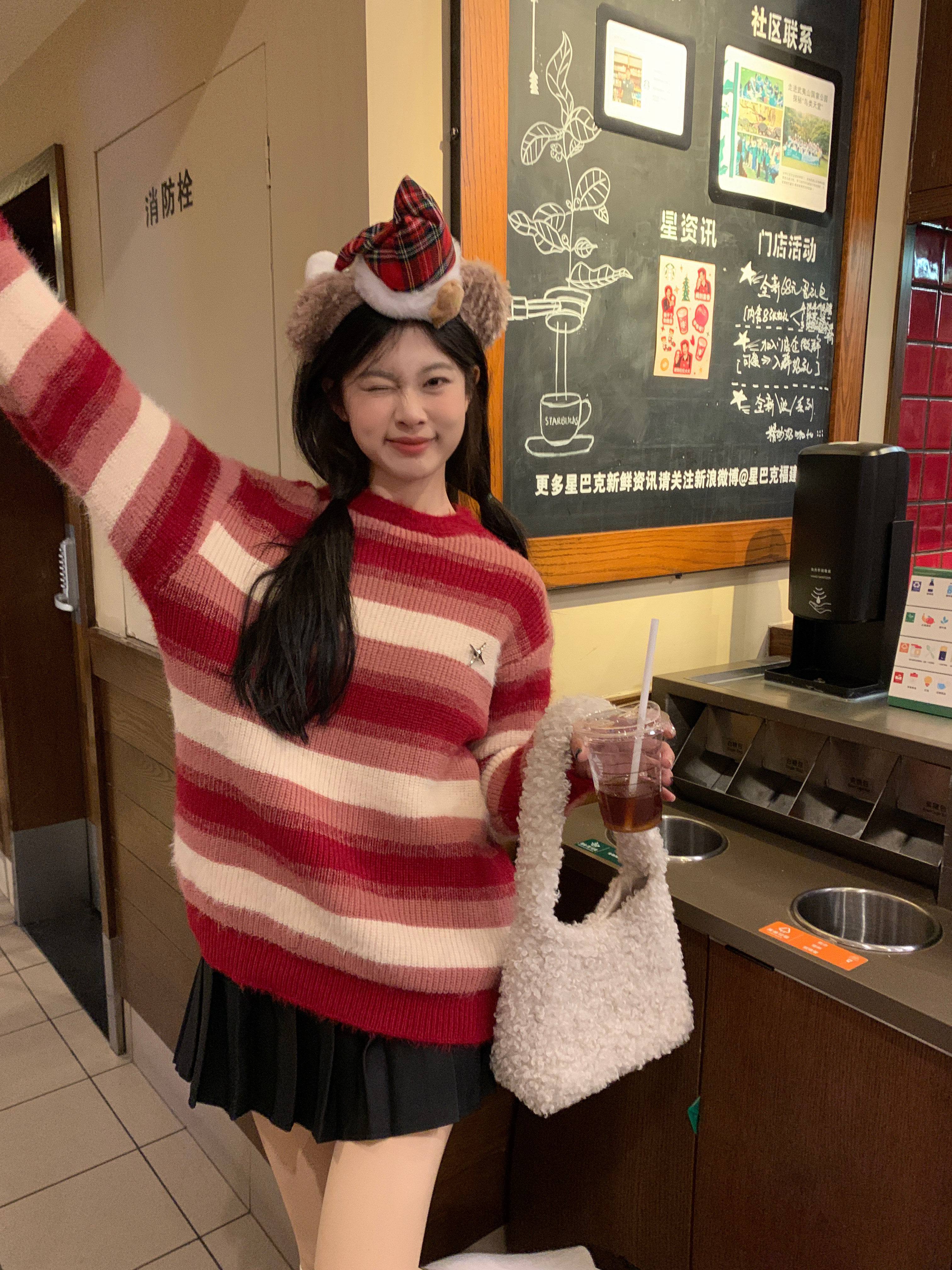Real shot of autumn and winter red striped soft mink fluffy pullover sweater for women loose lazy knitted sweater top