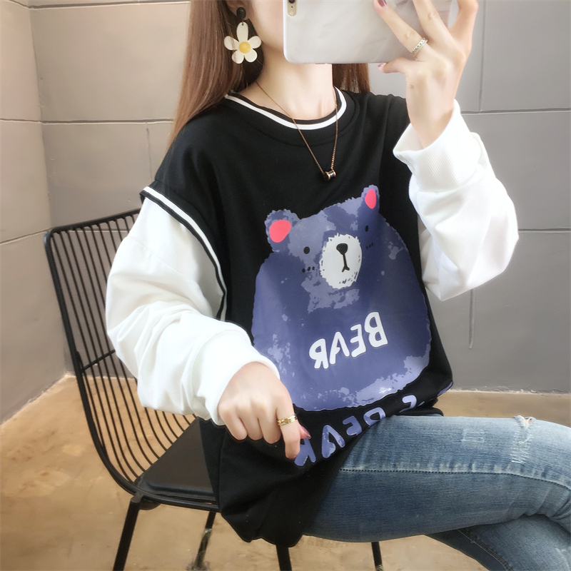實拍6535魚鱗 春季新款圓領衛衣女薄款長袖假兩件大碼女裝