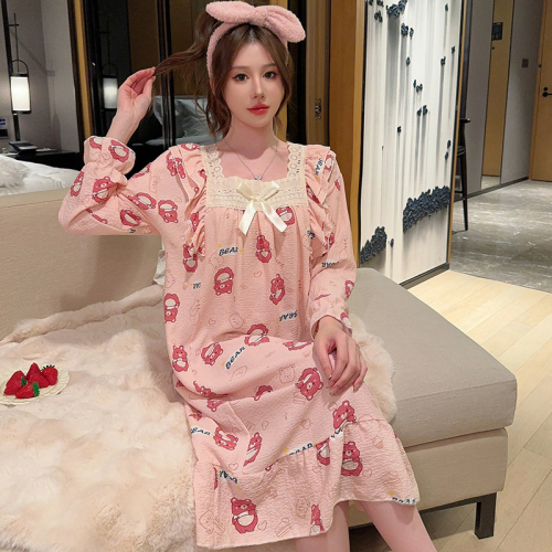 Spring and autumn new wrinkled fabric pajamas for women, sweet ins style long-sleeved mid-length nightgown plus weight 240 pounds, can be worn at home