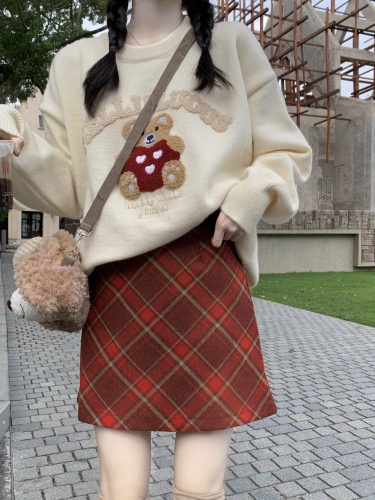Actual shot of skirt for women, autumn plaid woolen high-waisted retro petite A-line hip skirt short skirt