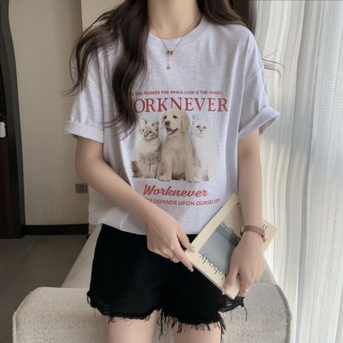 Real shot 100% cotton combed cotton summer short-sleeved T-shirt women's loose Korean style
