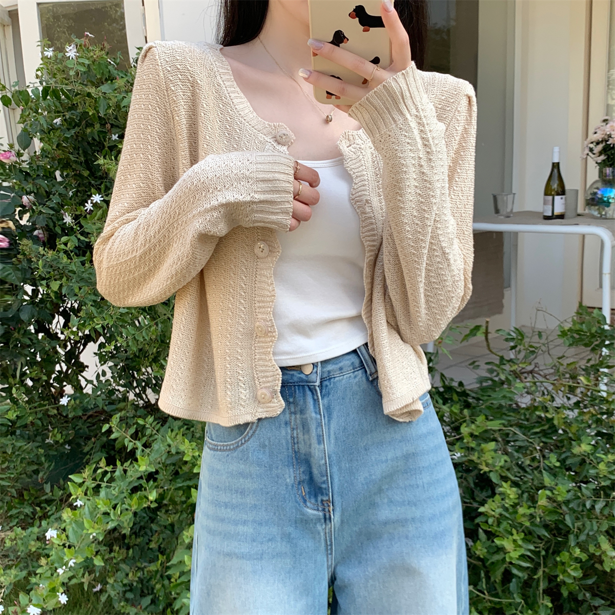 Real shot 2024 spring new versatile loose lace button cardigan long-sleeved sweater jacket women's top