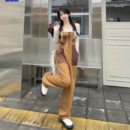 2024 spring new style real shot brown overalls large size American high waist jumpsuit reversible S-5XL 200 pounds