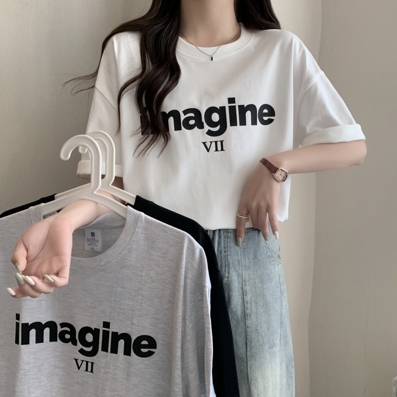實拍 2024年春夏新款 100%棉精梳純棉 印花夏裝短袖T恤女寬鬆韓版