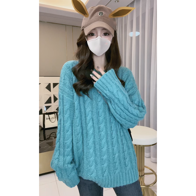 慵懶風麻花圓領套頭毛衣女秋冬新款寬鬆顯瘦休閒軟糯針織衫上衣潮