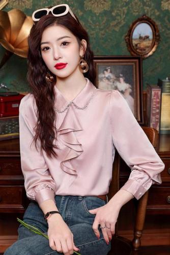 Already shipped real shot shirt for women 2024 new loose slim casual French all-match long-sleeved shirt