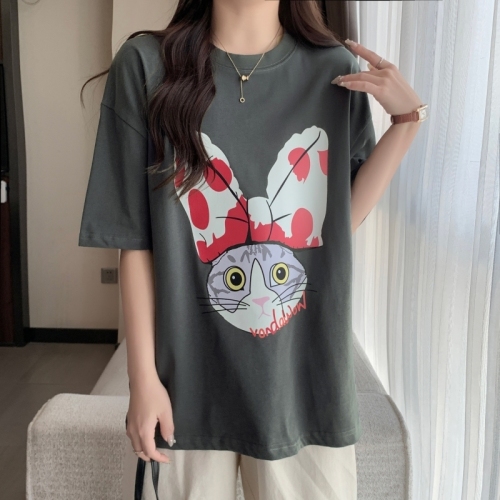 Real shot 100% cotton combed cotton summer short-sleeved T-shirt women's loose Korean style